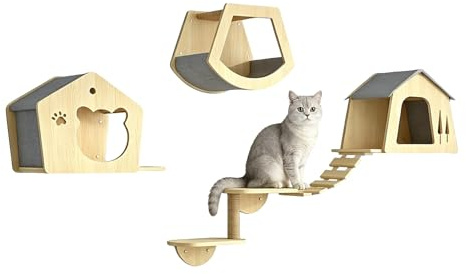 Solid Wood Wall Mounted Cat Tree Set, 40lbs Weight Capacity, Cat Climbing Shelves, with Rope Ladder for Small Apartments, Balconies