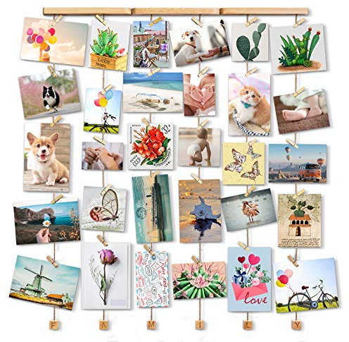 Love-KANKEI Family Bilderrahmen Collage Fotorahmen Holzbilderrahmen mit 30 Kleinen Holzklammern, Geschenk für Geburtstag Hochzeit Weihnachten usw.