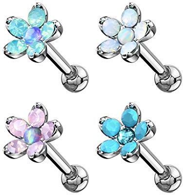 Paula & Fritz® Cartilage Piercing Straight Barbell Rings Aufsatz Blume aus Opal Türkisen Edelstahl Chirurgenstahl 316L