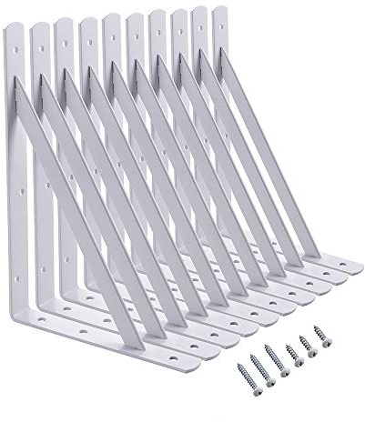 HOME MASTER HARDWARE 12 x 8 inch Heavy Duty Shelf Brackets, Load Capacity: 600lb, 10-Pack White Metal L Supports for Wall Mounted Wood Shelving, Shelves Bracket with Screws