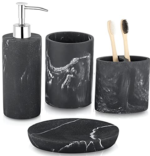 ZCCZ Ensemble d'accessoires de Salle de Bain Noir 4 pièces - Decoration avec Distributeur de Savon, Support de Brosse à Dents, Porte-Savon - Set