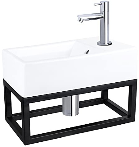 Differnz Force Waschbecken mit Handtuchhalter - Waschtisch Keramik Weiß - Wasserhahn gerade Chrom - Komplett-Set - 40 x 22 x 11,5 cm