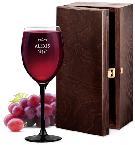 Maverton Onyx Weinglas mit Gravur, mit schwarzem Seil, 330 ml | Wein Glas personalisiert, Rotweinglas Weißweinglas, Geschenk für Frauen zum Geburtstag, Vorname