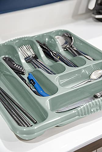 TENLITE High Grade Plastic 7 COMPARTMENT Large Cutlery Tray Kitchen Drawer Organiser Trays, Compact Plastic Tray for Knives, Forks and Spoons - (Silver Sage)