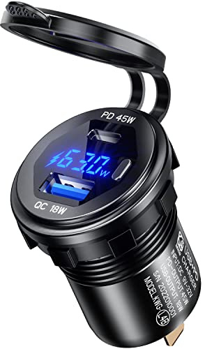 KEWIG USB Zigarettenanzünder Ladegerät, 63W QC3.0 + PD Typ C Kfz Ladegerät Dual Port Mini Flush Metall USB Autoladegerät Adapter, 60 W/5 A Schnellladung Auto Ladegerät Fit für Motorrad,Wohnwagen,Boot