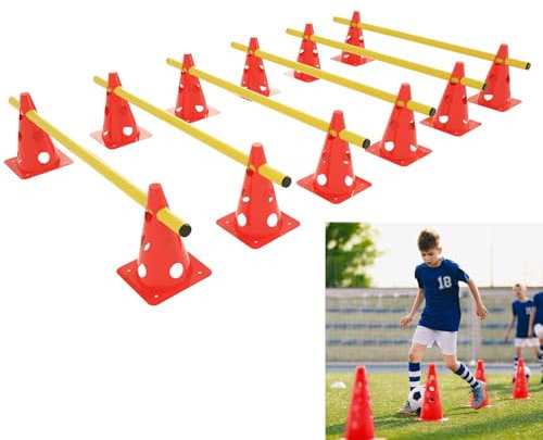 YUENFONG Steckhürdenset Agility, Steckhürden Set 3 Loch Höhenverstellbar Koordinationstraining Trainingshürden Agility Set, für Kinder Sportler Haustier(12 rot Kegeln 6 gelb Stangen)