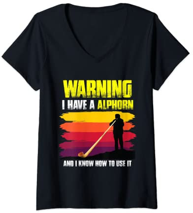 Damen Schweizer Musiker mit Alphorn Musikinstrument Schweiz T-Shirt mit V-Ausschnitt