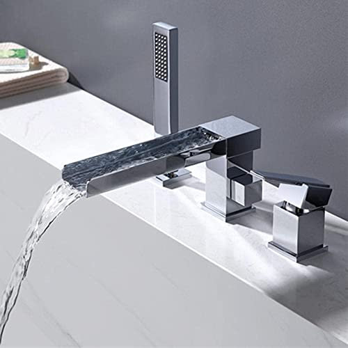 SXLSZ 3 Loch Badewannenarmatur Wannenrandarmatur mit Ausziehbarem Handbrause Wasserfall Dusche Einhand Mischer Wasserhahn Badewanne Wasserhahn badewanne Armatur für Badewanne-Chrom
