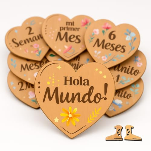 Set de regalo para recién nacido y cumple mes bebé. Tarjetas placas fichas de madera forma de corazón grabado doble cara. Regalo original mamá embarazada padres primerizos bebé niño y niña | 8 tarjetas madera corazón 16 diseños doble cara español soporte vertical alta calidad regalo original primerizos