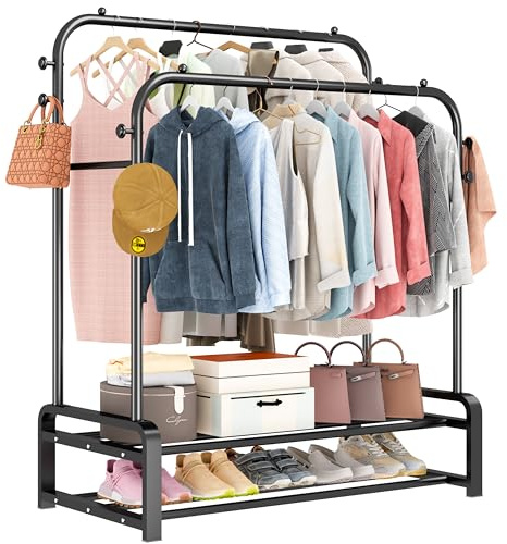 SMILOVII Metal Clothes Rail, Double Rails Garment Rack, Heavy Duty Clothes Rack, 8 Hanging Hooks and 2-Tier Shoe Rack, Free Standing Hanging Storage Shelf for Bedroom-Black