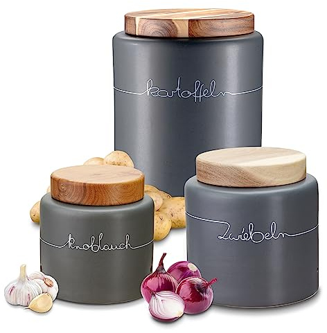 KHG Kartoffel Zwiebel Knoblauch Aufbewahrung 3er Set, Keramik Steingut poliert, Anthrazit Grau Holz Deckel Bambus, Zierschrift, Kapazität 3 L & 1,5 Liter