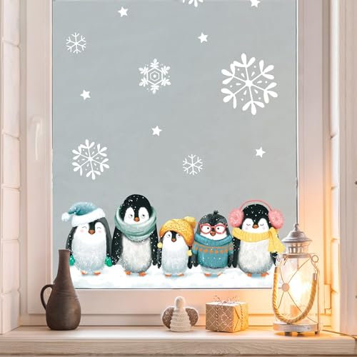 Sichtschutzfolie Weihnachten Winter Pinguine Schneeflocken wiederverwendbare Fensterfolie Fensterdeko Milchglasfolie, Weihnachtsdekoration, 55 cm hoch, 200 cm breit