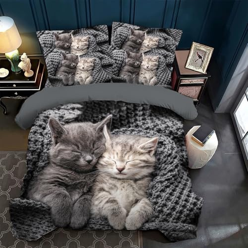 VTRXEG Cat Bedding Set,3 Pieces Soft and Comfortable Microfiber Cat Duvet Cover Set,for Children and Adults(A,135x200cm)