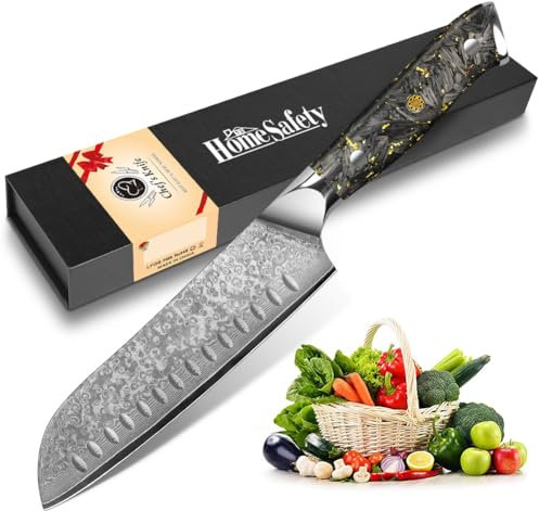 Home Safety Damascus Knife, Professional Santoku Knife I 17.8 cm Chef's Knifes I 67 Layers of VG-10 Damascus Steel I Kitchen Cooking Knifes with Ergonomic Handle for Home Restaurant, Gift Box