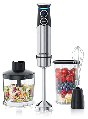Arendo - Mixeur plongeant inox 1500 W - Couteau à quatre lames - Presse-purée - Variateur multi vitesses et Bouton turbo - Verre doseur 800 ml - Fouet - Hachoir 500 ml - Pied de mixeur amovible