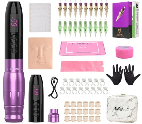 EZ Kit per Tatuaggi - Kit Macchina per Tatuaggi con 6 Colpi 2.0mm-3.3mm Macchina per Tatuaggi di Trucco Permanente e Batteria Extra da 1000mAh per le Donne Artiste del Tatuaggio (LOLA AIR PRO Viola)