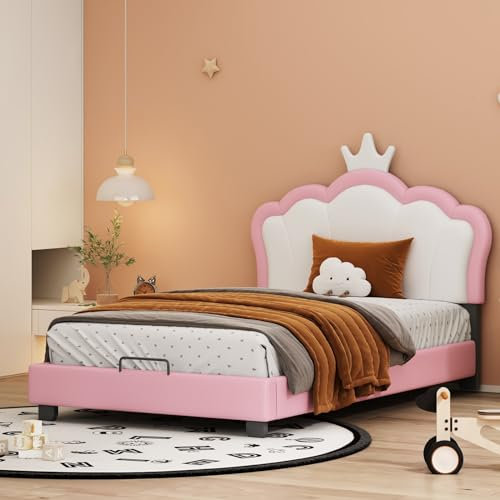 Skcess Kinderbett Polsterbett 90X200Cm Mit Lattenrosten Und Rückenlehne, Mädchenbett Mit Kronenformung, Rosa (Matratze Nicht Enthaltet)