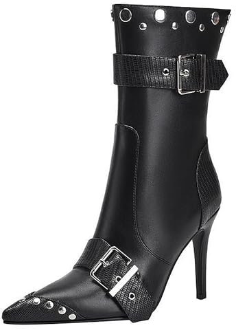 BAICAIBAI Botines con Tachuelas para Mujer Hebilla De CinturóN Botas Cortas Cuero Tacones Finos Altos Moda Suela Goma CóModas Invierno Forro CáLido Stilettos EláSticos,Noir,42