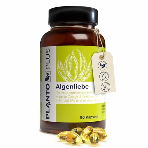 PLANTOPLUS® Algenliebe Omega-3 Kapseln – Vegan aus Algenöl – Hochdosiert mit DHA & EPA – Glutenfrei, Laktosefrei, Ohne Zuckerzusatz, Gentechnikfrei – 90 Kapseln