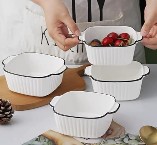 4er Set Auflaufform Keramik, Weiße Lasagne Auflaufform für Heiße Luftbraten, Backformen mit Griffen, 400ML Kleine Keramikm, Gourmet Essen, Hitzebeständig (14.5 x 11.5 x 5.5cm)