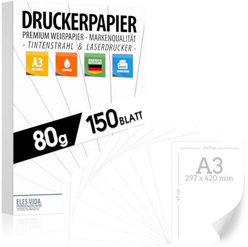 Druckerpapier weiß DIN A3, 150 Blatt PREMIUM PAPIER Reinweiß 80g - Basteln | Kopierpapier, Laserdrucker & Tintenstrahl für Uni, Fotografie, Präsentationen, - Kopiergeräte - MADE IN GERMANY