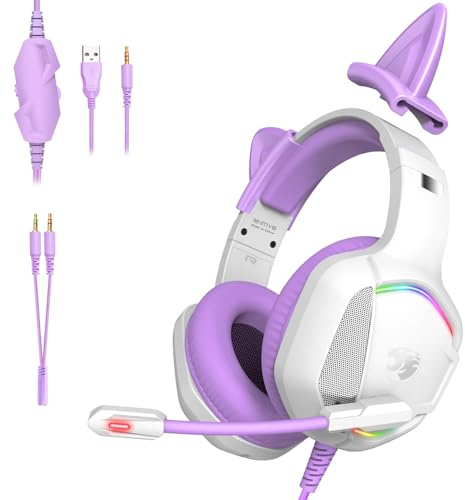 IMYB Gaming Headset mit Katzenohren abnehmbaren, RGB-Licht, Stereo Surround Noise Cancelling, Mikrofon für PC, PS4, PS5, Xbox One X/S, Mac, Laptop (Lila)