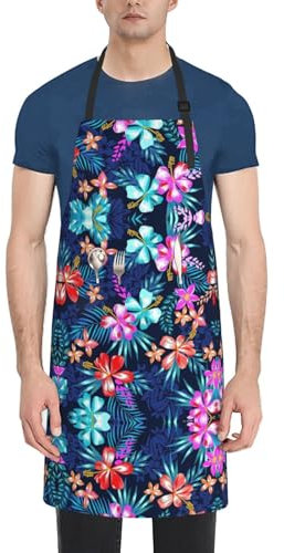 VPPUR Delantal de trabajo con estampado floral azul de 28 x 33 pulgadas, delantal de bolsillo impermeable para adultos, elegante delantal de pintura funcional, Negro -, talla única
