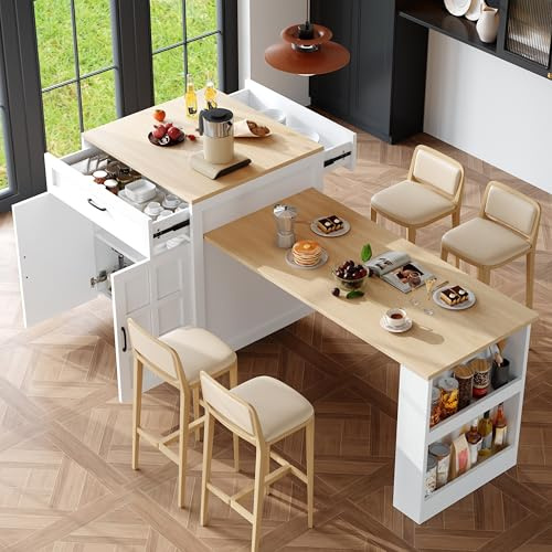 Ymkua Ausziehbarer Bartisch mit Stauraum, Ausziehbarer Esstisch mit 2 Schubladen und Seitliche Offene Regale, Küchentheke Bartheke mit 4 Fächern für Küche, Esszimmer 133-202×70×93.5 cm (Weiß)