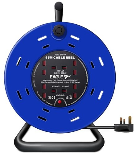 Eagle 4 x UK Plug Socket Extension Reel with A Frame Metal Holder, Restable Thermal Safety Cut Out Protection, Cushioned Easy Hold Handle, Winding Handle, UK Plug. Extending Extension Lead 13 Amps 15m