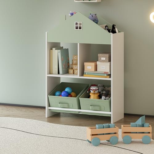 [en.casa] Scaffale per Cameretta con Contenitori e Scomparti Mobile Organizzatore per Bambini Libreria Porta Giocattoli Design a Casetta 90x60x27 cm Menta Verde/Bianco