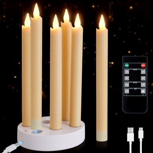 IMAGE 6 Stück wiederaufladbare flammenlose Stabkerzen mit Ladestation, flackernde LED Kerzen mit Fernbedienung & Timer, perfekt für Haus/Erntedankfest/Hochzeit/Weihnachtsdekoration, 9,17 * 0.82zoll