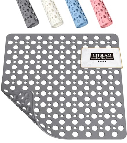 HITSLAM Cuadrado Alfombra Ducha Antideslizante, 53 x 53 cm Alfombrilla Ducha, Alfombrilla Bañera con Ventosas y Orificios de Drenaje, Suave para los pies, Lavable a máquina, Gris
