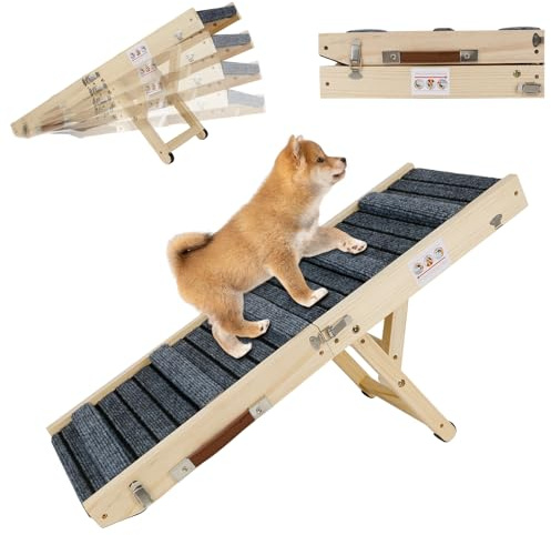 Hunderampe 80cm, Katzenrampe, Hundrampe Auto Klappbar, Höhenverstellbar Hundetreppe, Hunderampe Bett mit Rutschfester, für Hunde und Katzen, Holz