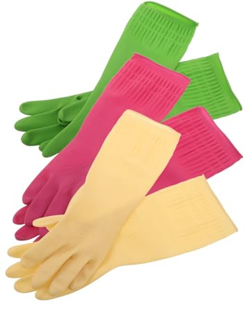 COLLBATH 3 Pairs Reusable Non Slip Latex Dishwashing Gloves with Long Cuff Thickened Kitchen Cleaning Mitts for Household Use Green Pink Natural