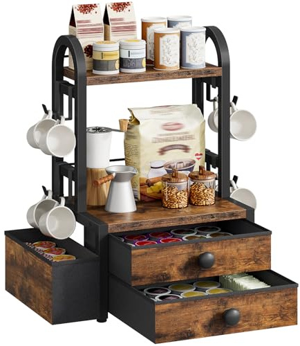 HOOBRO Coffee Mug Tree, 2 Tier Mug Organizer, Coffee Mug Cup Holder with Drawer for 40K-Cup Pods, Mug Display Stand with 8 Hooks, Countertop Holder Rack for Kitchens, Black and Rustic Brown BF04CR01