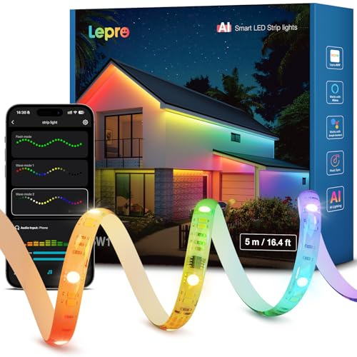 Lepro AI Smart LED Strip SW1, 5m, RGBCW, IP65, für außen, Musik-Sync, WLAN | KI-Lichtdesigner und Foto-zu-Licht erzeugen persönliche Farben; IP65 schützt den 5m LED Strip im Außenbereich; im Alltag.