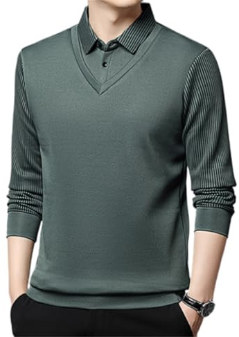 Camicia da uomo a righe con revers finti a due pezzi, camicia a maniche lunghe, camicie casual da uomo a maniche lunghe, camicia da uomo a maniche lunghe in maglia finta a due pezzi, Fagiolo verde