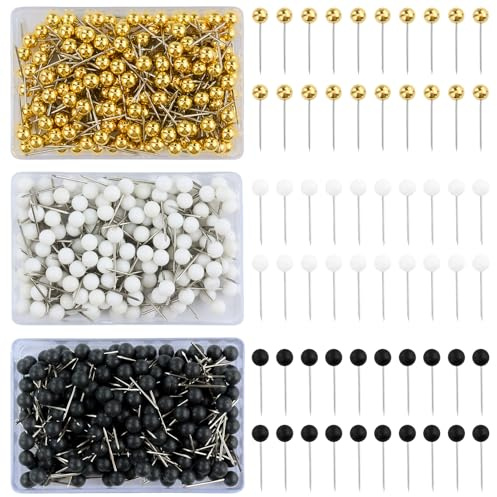 600 STK.Rundkopfnadeln Set,Bunt Map Pins,Karte Nagel Pinnadeln mit Box, Landkarte Stecknadeln mit Kopf,Pinnwandnadeln Nadeln,Reißzwecken für Cork Board,Gold, Schwarz, Weiß
