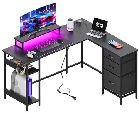 DEVAISE Escritorio en L de 140 x 120 cm con Tomas de Corriente, USB y Luces LED, con Estantes de Almacenamiento y Cajones de Tela, Mesa de Ordenador para Oficina en Casa, Negro
