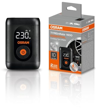 OSRAM TYREinflate 1600 ESSENTIAL, Sladdlös uppladdningsbar digital däckpump, pumpar upp däck på 6 minuter, flexibel 20 cm slang