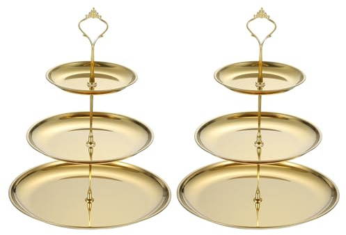 sourcing map 2 Sets 3-Tier Cupcake Stand Holder, Round Tiered Serving Tray Stainless Steel Cup Cake Stand for Dessert Fruit Table Birthday Party Decoration Display, Gold