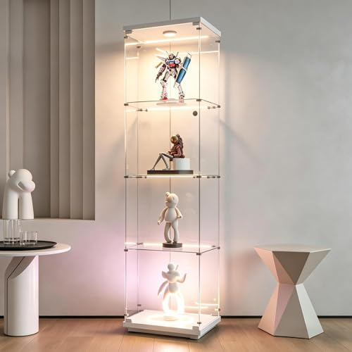 Vetrina in vetro a 4 strati per collezione con LED, vetrina moderna con 4 ripiani e 1 porta, armadio da collezione verticale per collezione su piedistallo vetrina da parete in vetro (bianco-2B