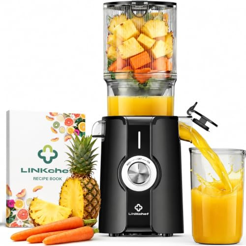 LINKChef Fruit and vegetable juice extractor, slow juicer 200 W with 115 mm large opening for whole fruits, compact juice machine, BPA-free, easy to install and clean, includes recipes