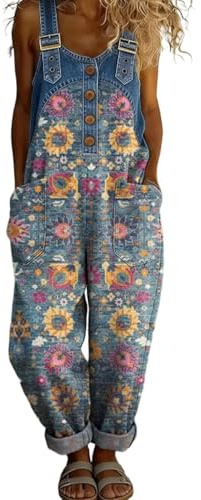 Denim Dungarees for Women UK Summer Loose Fit Sleeveless Floral Print Overalls Baggy Jumpsuit Wide Leg Pants Adjustable Straps Playsuit with Pockets Vintage Bib Romper (A13,L)