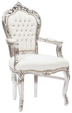 MAXIOCCASIONI Barocksessel mit Armlehnen, Holz, Kunstleder, silberfarben, weiß, Stil Louis XV, Maße: 68 x 65 x 108 H cm