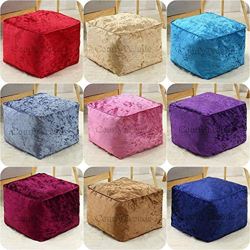 ComfyTrends Cube Bean Bag Seat Indoor Square Footstool Pouffe - Crushed Velvet Fabric Medium Size - 40cm x 40cm x 30cm Filled beanbags (Brown)