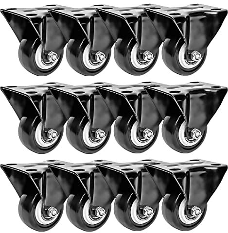 FactorDuty 12 Pack 50mm Up to 816KG Rigid Fixed Plate Castor Stationery Non Swivel All Black Polyurethane Castor Wheels