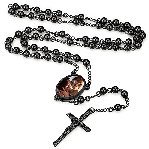 FaithHeart Personalisierte Rosenkranz Kette für Damen Mädchen， Christliche Rosenkranz Halskette，Foto Halter mit Geschenkebox für Muttertag Geburtstag Weihnachten