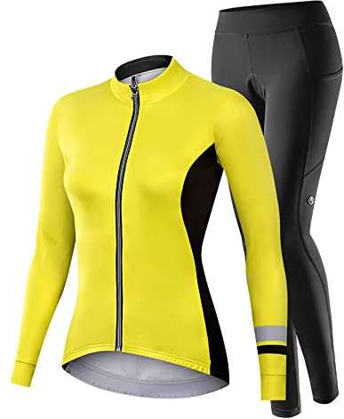 NUCKILY Fahrradbekleidung Set Damen Radtrikot Langarm Winddicht Damen Thermische Fleece mit 3D Polster Hosen, XS, 1705