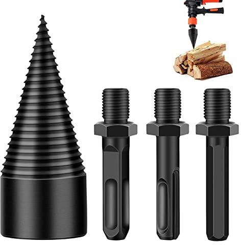 Shunfaji Spaccalegna a vite conica per legna da ardere, punte per trapano in metallo resistente e robusto con 3 aste snodate, per legna da ardere, set di punte coniche (38 mm)